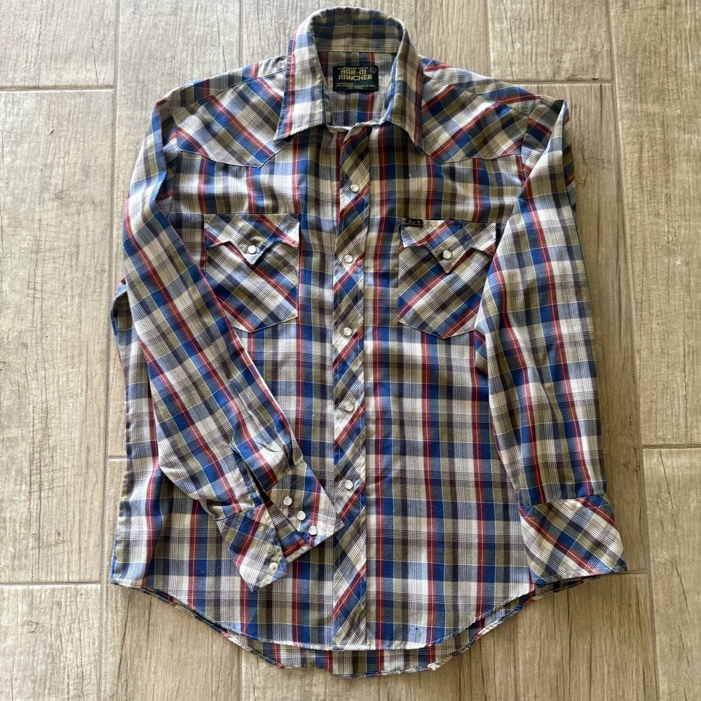 Bar-M Rancher Western Plaid Shirt Pearl Snaps Cowboy Long Sleeve PermPress EUC